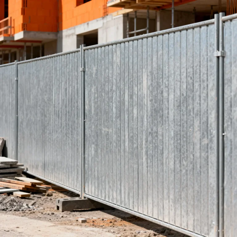 Metall-Bauzaun sichert eine Baustelle mit unfertigem Gebäude aus Beton und Ziegeln im Hintergrund.