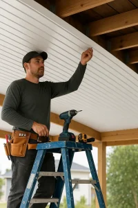 Carportbauer auf einer Leiter bringt eine weiße Carportdeckenverkleidung aus Holz an.