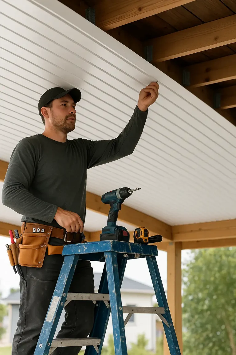 Carportbauer auf einer Leiter bringt eine weiße Carportdeckenverkleidung aus Holz an.