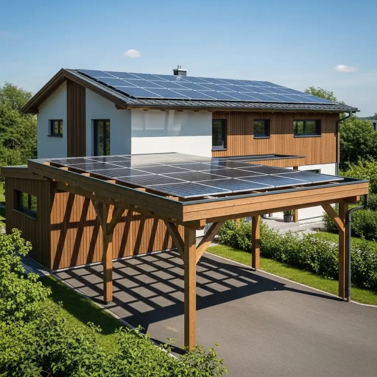 Carport mit Holzstützen und flachem Dach, das mit Solarmodulen ausgestattet ist. Im Hintergrund ein modernes Einfamilienhaus mit ebenfalls großflächiger Photovoltaikanlage.