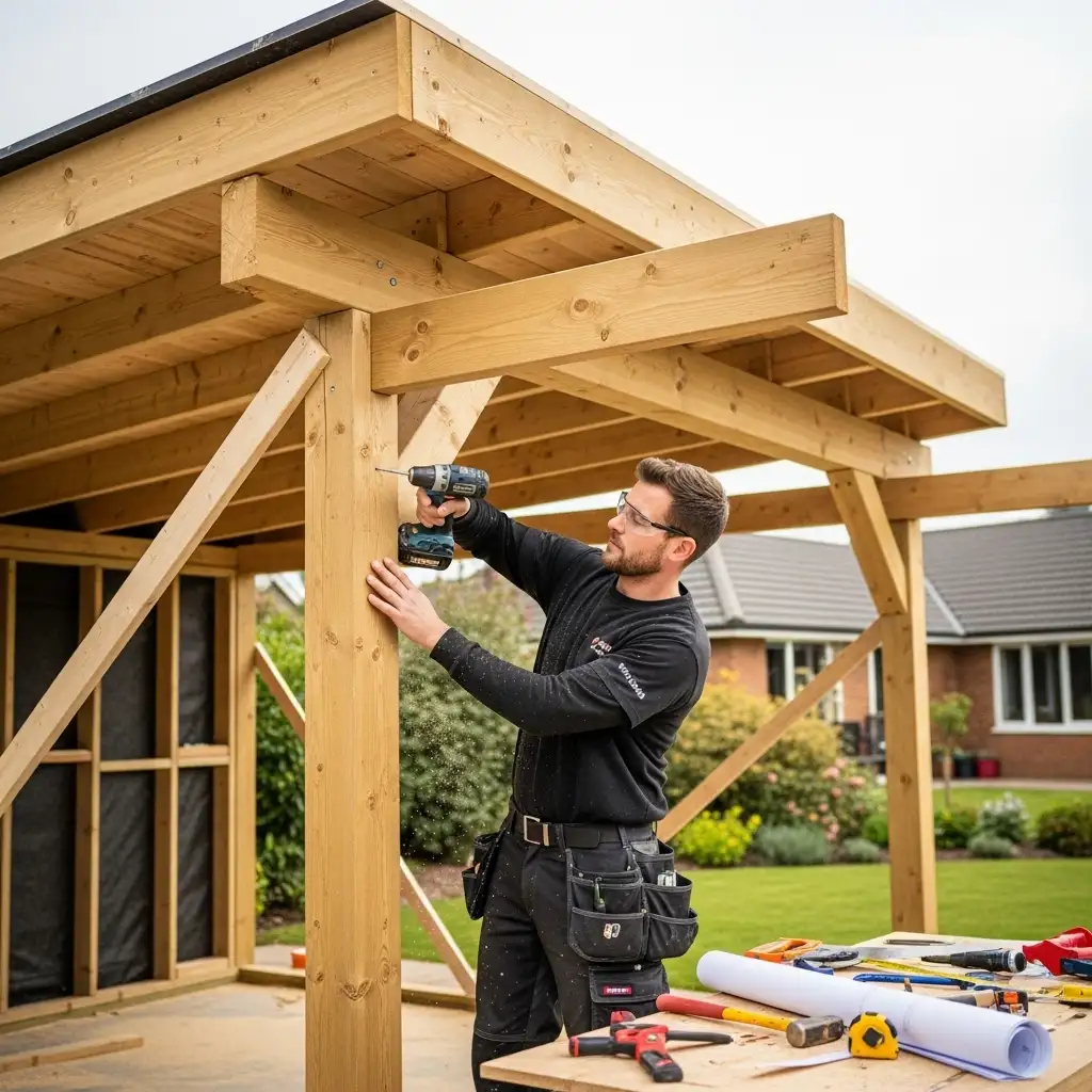 Carportbau-Fachbetrieb montiert Holzcarport: Handwerker verschraubt Pfosten mit Akkuschrauber im Vorgarten.