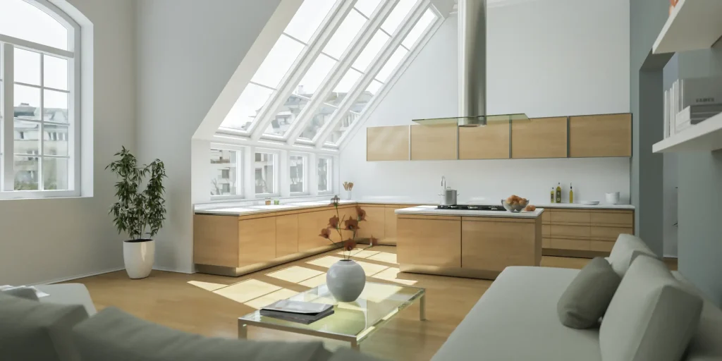 Helle Küche mit großen Dachfenstern, die viel Tageslicht in den Raum lassen.