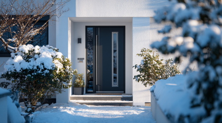 Ein modernes Haus mit einer dunkelgrauen energieeffizienten Haustür in einer kälteren Klimazone. Im Vorgarten liegt Schnee auf den Wegen und den Sträuchern.