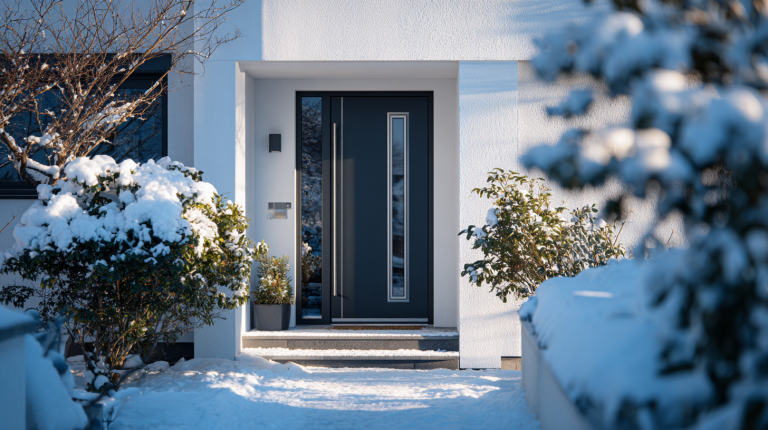 Ein modernes Haus mit einer dunkelgrauen energieeffizienten Haustür in einer kälteren Klimazone. Im Vorgarten liegt Schnee auf den Wegen und den Sträuchern.