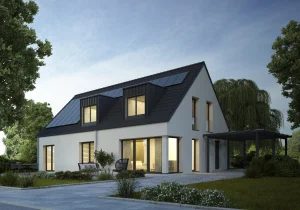 Ein energieeffizientes Haus mit wärmedämmenden Fenstern.