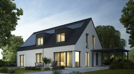 Ein energieeffizientes Haus mit wärmedämmenden Fenstern.