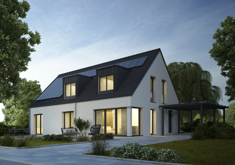 Ein energieeffizientes Haus mit wärmedämmenden Fenstern.