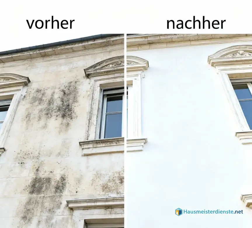 Vorher-nachher-Vergleich einer Hausfassade: Links ist eine stark verschmutzte, von Schimmel und Ablagerungen bedeckte Wand mit Fenster zu sehen. Rechts zeigt sich die frisch gereinigte Fassade in strahlendem Weiß.