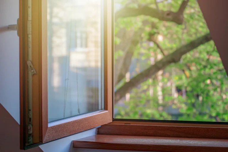Geöffnetes Holzfenster mit Doppelverglasung, braunem Rahmen und Fensterbank aus Holz, Blick ins Grüne mit Bäumen.