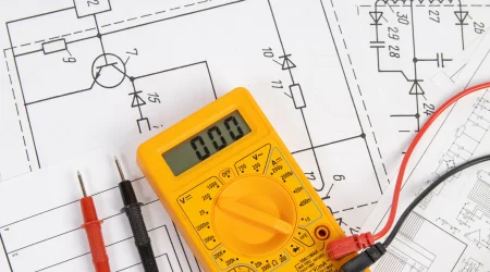 Digitales Multimeter mit Messleitungen auf technischen Schaltplänen für Elektrotechnik und Elektronik.