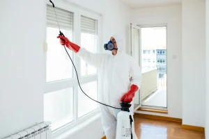 Kammerjäger im weißen Schutzanzug mit Atemmaske und Handsprüher trägt Pestizide in einer Wohnung auf, um Ungeziefer zu beseitigen.