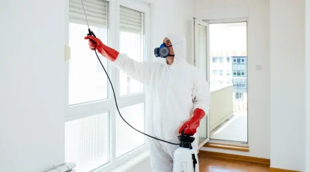 Kammerjäger im weißen Schutzanzug mit Atemmaske und Handsprüher trägt Pestizide in einer Wohnung auf, um Ungeziefer zu beseitigen.