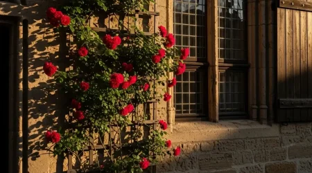 An einer historischen Sandsteinfassade mit Bogenfenstern wächst eine üppige Kletterrose mit leuchtend roten Blüten, die sich an einem Holzspalier emporrankt.