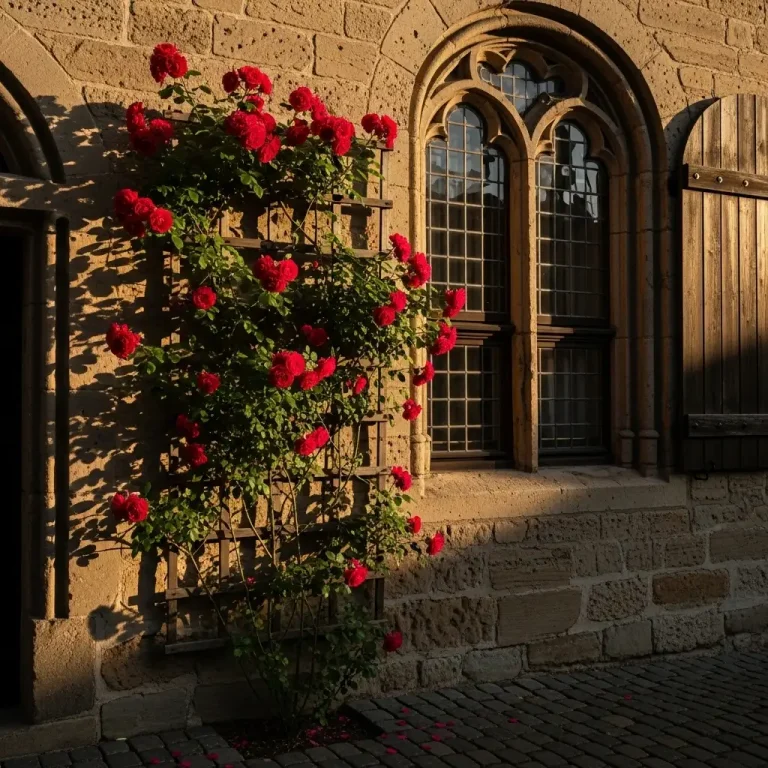 An einer historischen Sandsteinfassade mit Bogenfenstern wächst eine üppige Kletterrose mit leuchtend roten Blüten, die sich an einem Holzspalier emporrankt.
