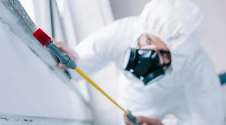 Schädlingsbekämpfer im Schutzanzug mit Atemmaske sprüht mit Spezialgerät Pestizide zur Bekämpfung von Schädlingen an einer Wand.