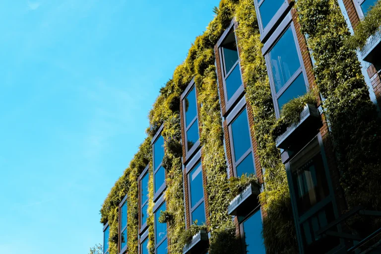 Moderne Gebäudefassade mit wandgebundener Fassadenbegrünung. Zwischen den großen Glasfenstern sind dichte, grüne Pflanzenmodule angebracht, die die gesamte Fassade bedecken. Das Zusammenspiel von Glasflächen und üppiger Vegetation verleiht dem Gebäude ein nachhaltiges und lebendiges Erscheinungsbild.
