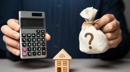 Symbolische Darstellung der Immobilien Wertermittlung: Person hält einen Taschenrechner mit Zahl 150000 und einen Geldsack mit Fragezeichen neben einem Holzhaus.
