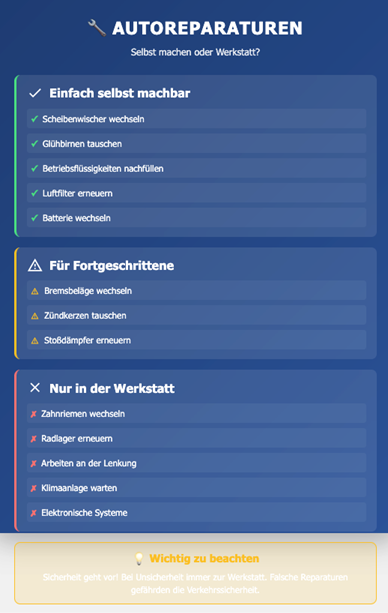Eine Tabelle, in der die verschiedenen Arten von Autoreparaturen in Level unterteilt: Einfach, für Fortgeschrittene und Werkstatt, aufgeführt ist.