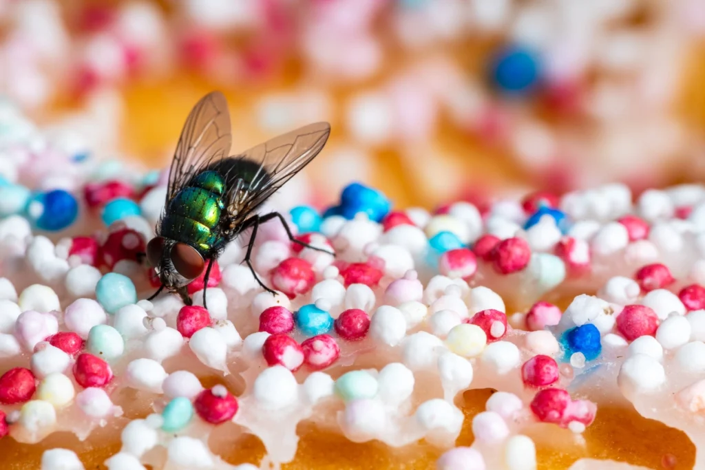 Fliege sitzt auf buntem Zuckerguss mit farbigen Zuckerperlen