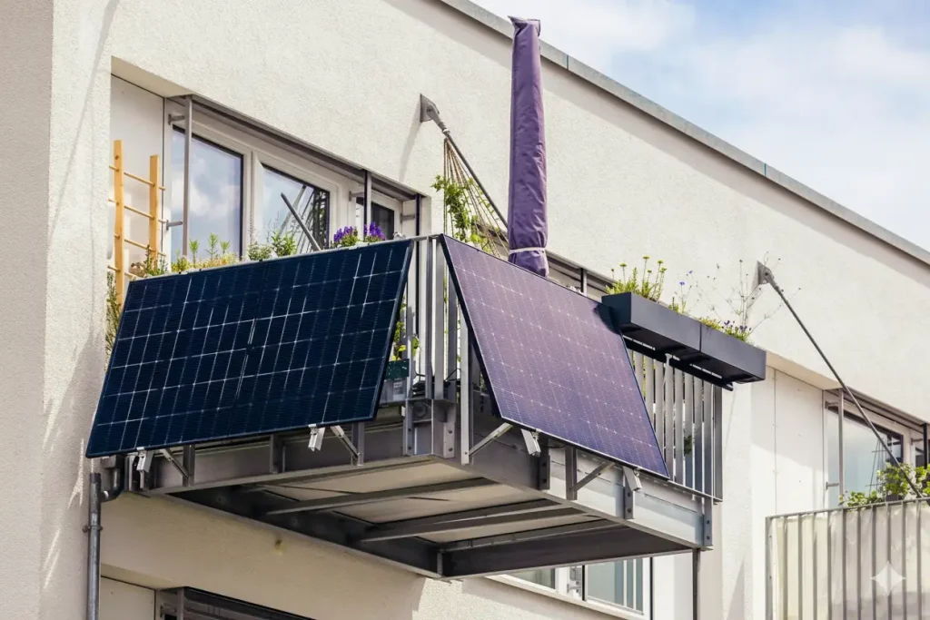 Hängebalkon mit Hängekonstruktion und installierten Solarpanels an einer modernen Fassade, bepflanzt mit Blumen und Kräutern.