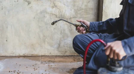 Ein Kammerjäger in Arbeitskleidung hält ein Sprühgerät mit rotem Schlauch und Metalldüse, bereit zur Anwendung an einer Wand in einem Innenraum.