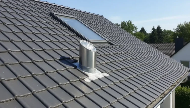 Schrägdach mit dunklen Dachziegeln, Dachfenster und einem runden Lichtkamin aus Edelstahl zur Tageslichtnutzung im Innenraum.