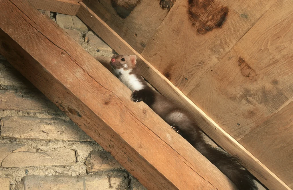 Marder kriecht in einem Dachstuhl zwischen Holzbalken entlang, mit dem Kopf nach oben gerichtet und aufmerksamem Blick in einer rustikalen Holzumgebung.