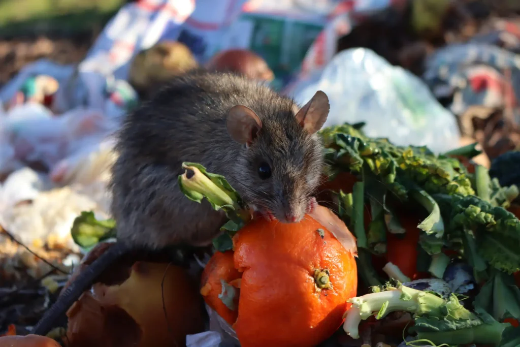 Graubraune Ratte frisst an einer angebissenen Orange zwischen Küchenabfällen und Gemüseresten auf einem Komposthaufen.