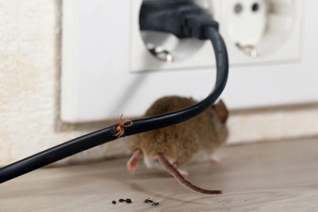 Angenagtes Kabel mit Nagetier im Hintergrund