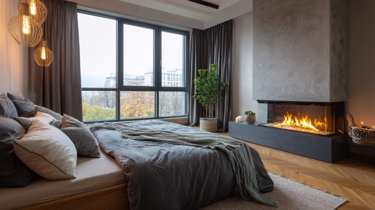 Bioethanol Feuerstelle in einem modernen Schlafzimmer.