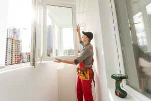 Fensterbauer in roter Arbeitskleidung installiert ein großes weißes Schallschutzfenster in einer modernen Wohnung, im Hintergrund sind Baukräne und Hochhäuser zu sehen.