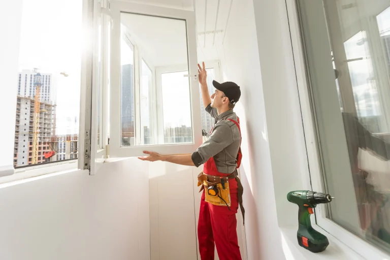 Fensterbauer in roter Arbeitskleidung installiert ein großes weißes Schallschutzfenster in einer modernen Wohnung, im Hintergrund sind Baukräne und Hochhäuser zu sehen.