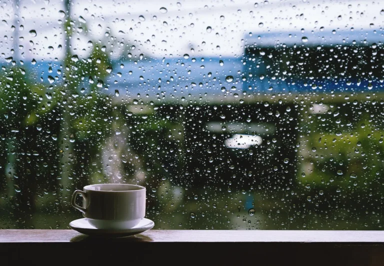 Eine Kaffeetasse steht auf einer Fensterbank vor einer mit Regentropfen bedeckten Scheibe, die Wasser abperlen lässt und die Wirkung von selbstreinigendem Glas zeigt.