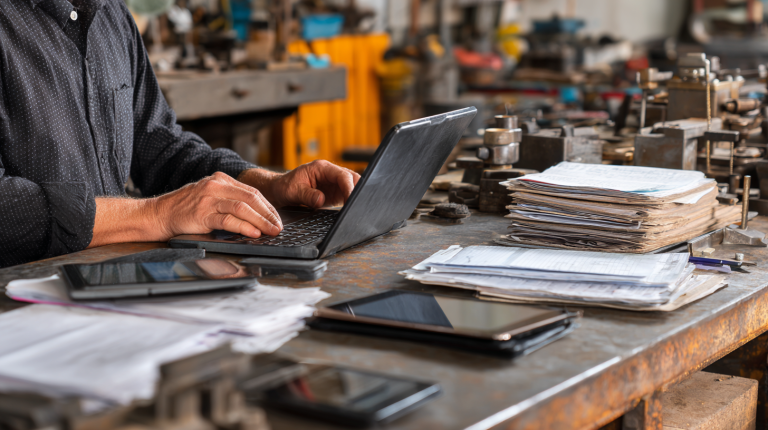Handwerker nutzt Laptop und Tablet zur digitalen Buchhaltung, mit geordneten Dokumenten, Rechnungen und digitalen Belegen, um GoBD-konforme Abläufe und strukturierte Prozesse sicherzustellen.
