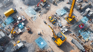 Moderne Baustelle aus der Vogelperspektive mit koordiniert eingesetzten Baumaschinen wie Teleskopladern, Baggern und Kränen, Arbeitern in Schutzkleidung und digitalen Planungsanzeigen, die effiziente Maschinenlogistik und gut organisierte Baustellenabläufe verdeutlichen.