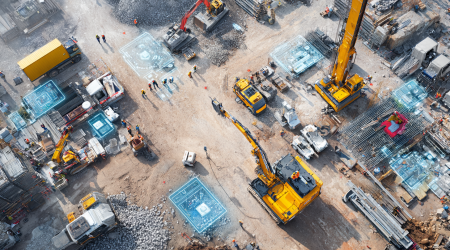 Moderne Baustelle aus der Vogelperspektive mit koordiniert eingesetzten Baumaschinen wie Teleskopladern, Baggern und Kränen, Arbeitern in Schutzkleidung und digitalen Planungsanzeigen, die effiziente Maschinenlogistik und gut organisierte Baustellenabläufe verdeutlichen.