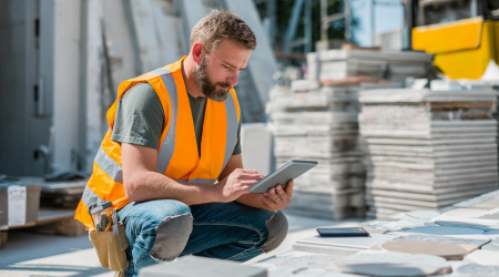 Fliesenleger auf der Baustelle nutzt Tablet und Smartphone, prüft digitale Pläne und dokumentiert Arbeiten, um den Arbeitsablauf effizient und digital zu organisieren.