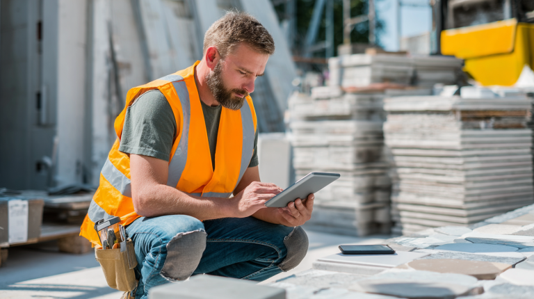 Fliesenleger auf der Baustelle nutzt Tablet und Smartphone, prüft digitale Pläne und dokumentiert Arbeiten, um den Arbeitsablauf effizient und digital zu organisieren.