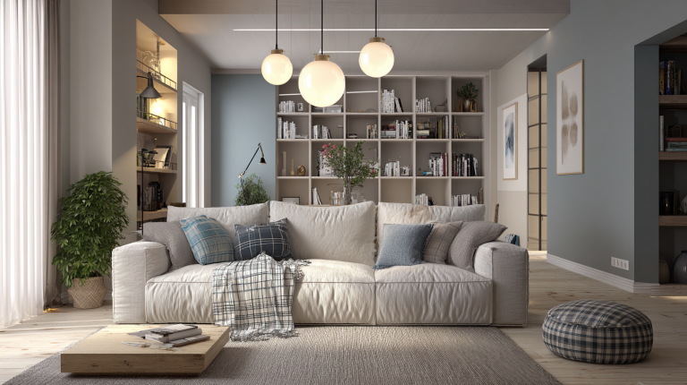 Modernes, gemütliches Wohnzimmer mit Sofa, Kissen und Plaid, niedrigem Couchtisch, mehreren Lichtquellen, natürlichem Holz, neutralem Grau und dezenten blauen Akzenten, offener Raum mit klaren Sichtachsen, cleverem Stauraum und harmonischer, einladender Atmosphäre.