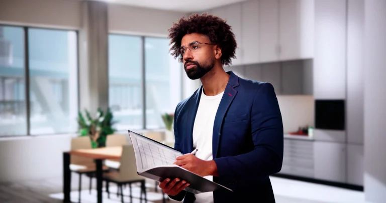 Ein Sicherheitsgutachter betrachtet eine modern ausgestattete Büroküche. In der Hand hält er ein Klemmbrett mit einem Bewertungsbogen.