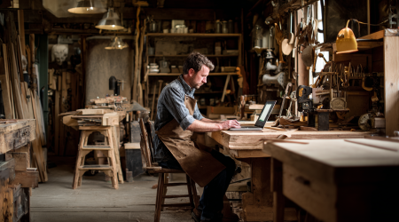 Ein Schreiner schreibt eine Rechnung eines Kunden an seinem Laptop in seiner Werkstatt.