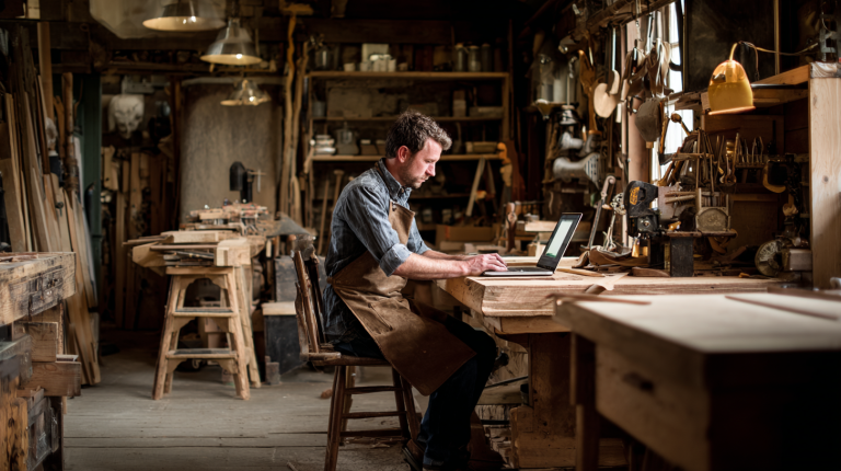 Ein Schreiner schreibt eine Rechnung eines Kunden an seinem Laptop in seiner Werkstatt.