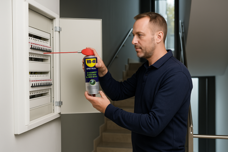 Ein Elektriker vor eine Sicherungskasten mit Kontaktspray in der Hand.