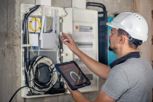 Ein Techniker analysiert das Energiemanagement auf einer Baustelle eines Neubaus.
