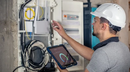 Ein Techniker analysiert das Energiemanagement auf einer Baustelle eines Neubaus.