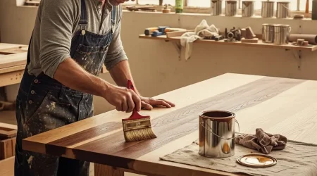 Ein Malermeister trägt in einer Werkstatt mit einem breiten Pinsel dunkle Beize auf eine große Holzplatte auf.