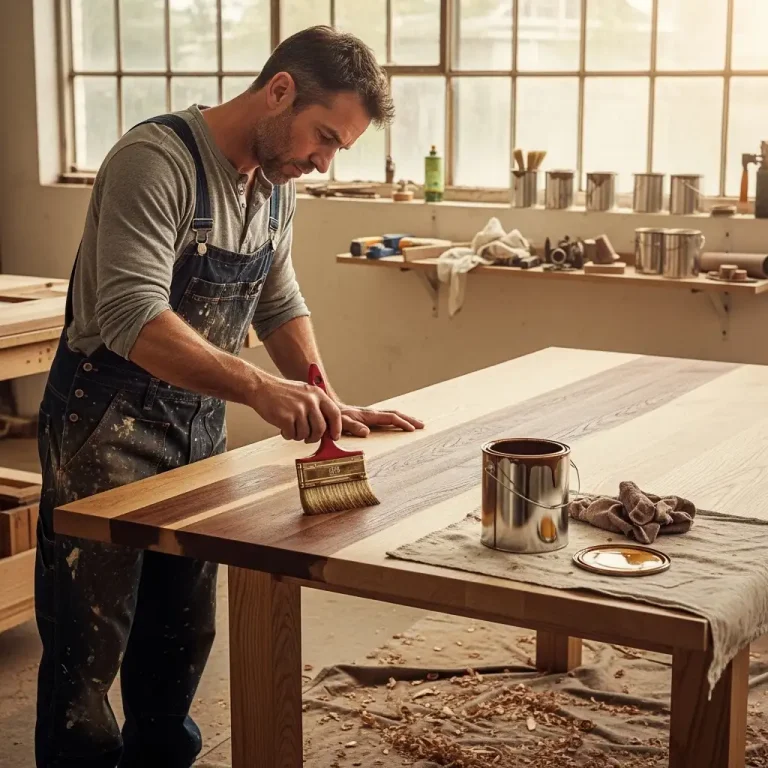 Ein Malermeister trägt in einer Werkstatt mit einem breiten Pinsel dunkle Beize auf eine große Holzplatte auf.