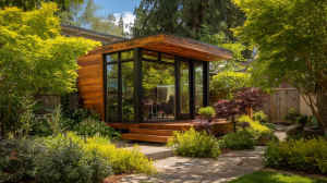 Hochwertiges Gartenhaus oder Homeoffice im Grünen mit Holz- und Glaselementen, umgeben von Sträuchern und Bäumen, das professionelle Handwerksqualität und funktionale, kompakte Bauweise zeigt.