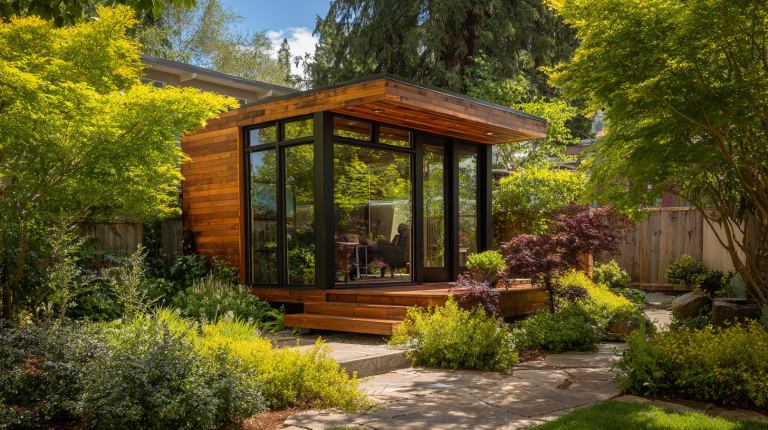 Hochwertiges Gartenhaus oder Homeoffice im Grünen mit Holz- und Glaselementen, umgeben von Sträuchern und Bäumen, das professionelle Handwerksqualität und funktionale, kompakte Bauweise zeigt.