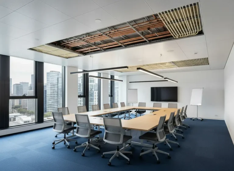 Modernes Büro mit geöffneter Deckenkonstruktion, sichtbar verlegten Leitungen und Kühlregister einer Kühldecke über einem großen Konferenztisch.